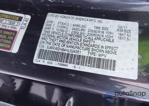 2017 Honda Cr-V Ex-L/Ex-L Navi z USA, uszkodzony, nr VIN 5J6RW2H84HL024351